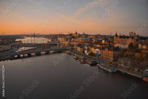 Stockholm, SWEDEN - June 21, 2019.Aerial view over Stockholm skyline in sunrise. High quality photo