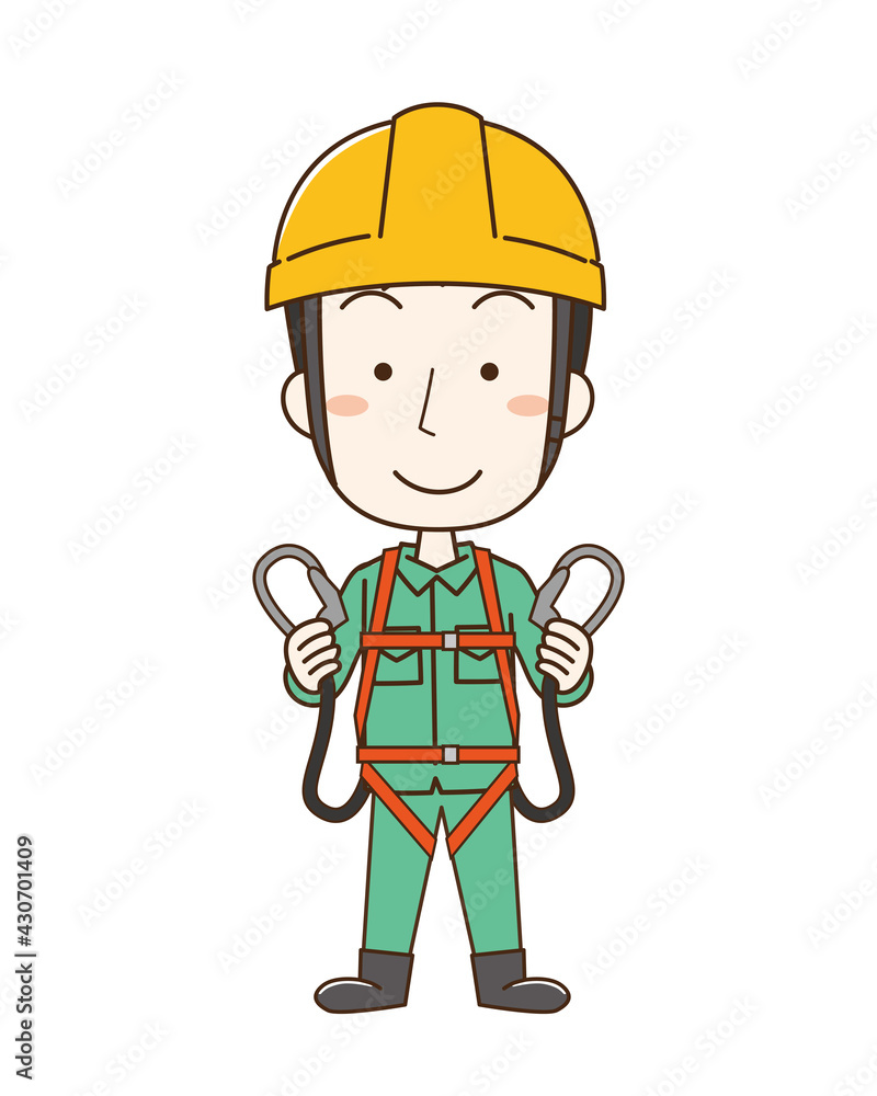 安全帯を付けてヘルメットを被った作業員男性 安全帯を付けてヘルメットを被った作業員男性