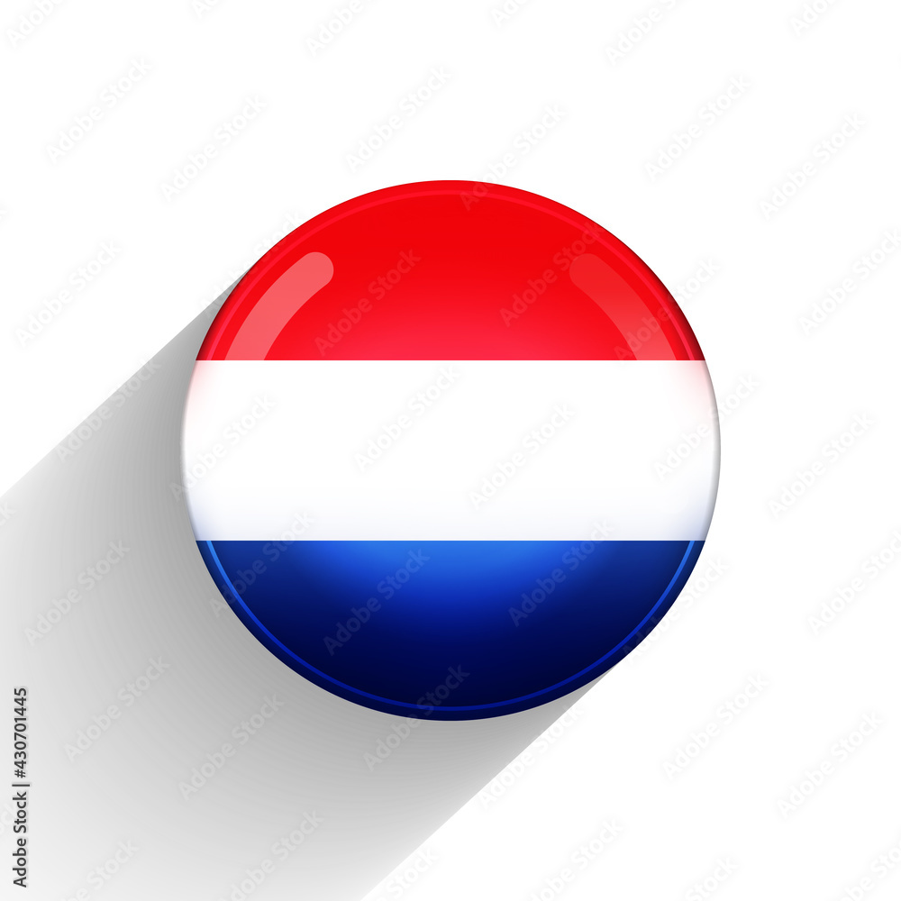 Glass light ball with flag of Netherlands. Round sphere, template icon. Dutch national symbol. Glossy realistic ball, 3D abstract vector illustration highlighted on a white background. Big bubble Glass light ball with flag of Netherlands. Round sphere, template icon. Dutch national symbol. Glossy realistic ball, 3D abstract vector illustration highlighted on a white background. Big bubble