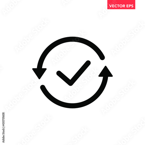 Black round checking process sync approved icon, simple turning arrows syncing flat design pictogram vector for app logo ads web webpage button ui ux interface elements isolated on white background