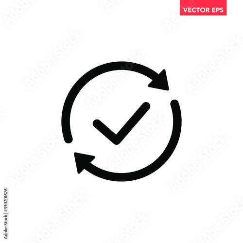 Black round checking process sync approved icon, simple turning arrows syncing flat design pictogram vector for app logo ads web webpage button ui ux interface elements isolated on white background