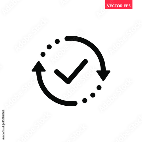 Black round checking process sync approved icon, simple turning arrows syncing flat design pictogram vector for app logo ads web webpage button ui ux interface elements isolated on white background