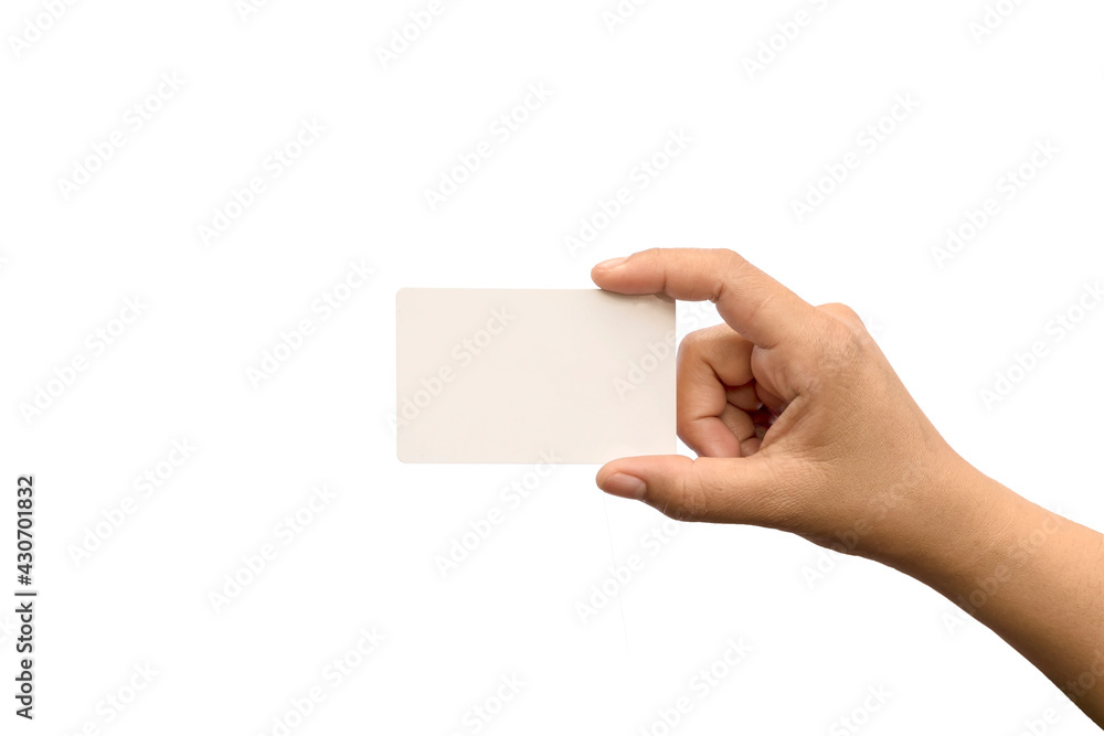 Fototapeta premium Female hand with a blank card isolated on white background with clipping path.