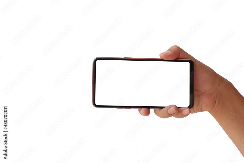 Hold a phone with a white screen horizontally isolated on a white background with the clipping path. Hold a phone with a white screen horizontally isolated on a white background with the clipping path.