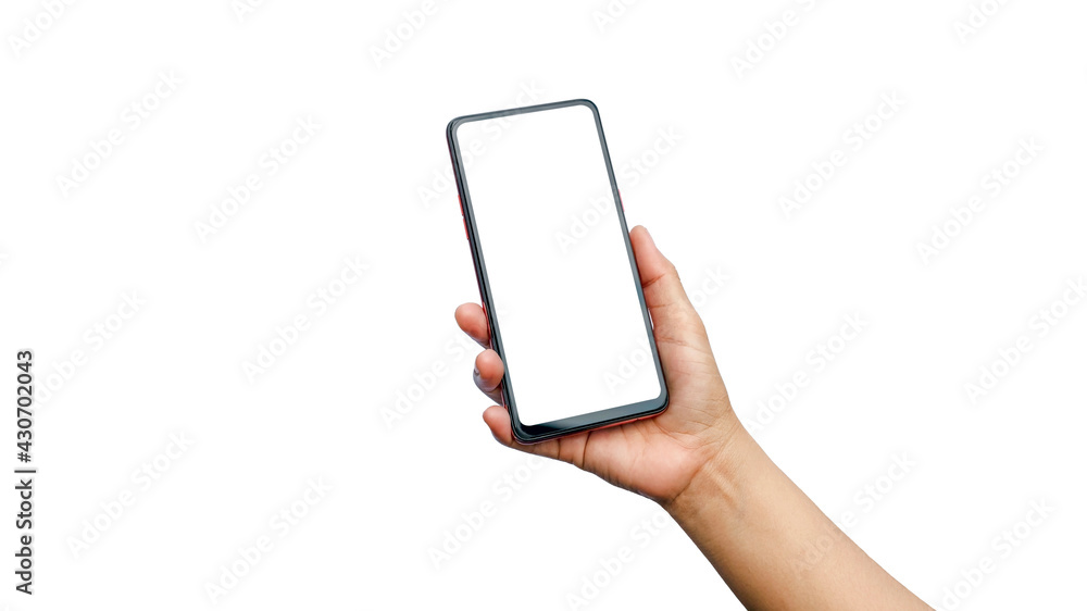 Close up of young woman hand holding a mobile phone, white screen separated on white background with clipping path. Close up of young woman hand holding a mobile phone, white screen separated on white background with clipping path.