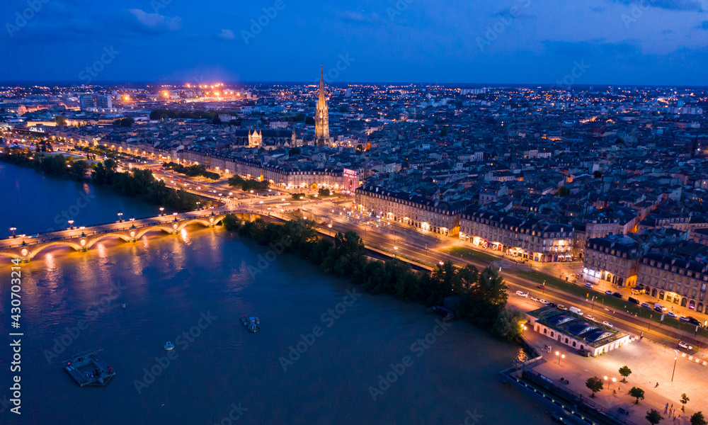 Night aerial view of historic centre of Bordeaux. France. High quality photo