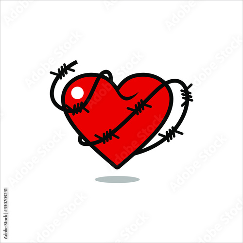 Flat Illustration of red heart with barbed wire for simple graphic design element and template ideas