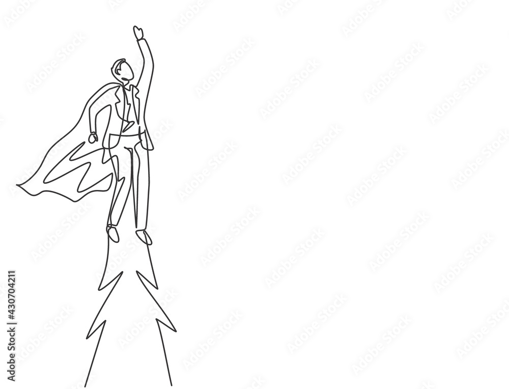 Continuous one line drawing young male worker flying high into the sky to reach big goals. Big vision of business target minimalist concept. Single line draw design vector graphic illustration