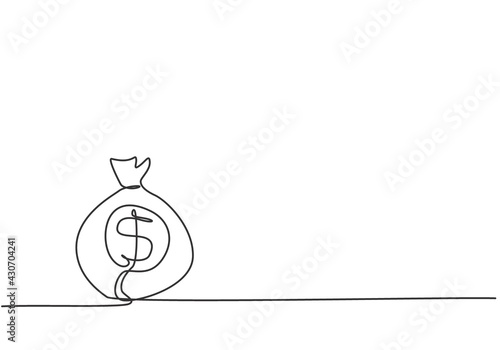Single one line drawing of money bag on the floor with penny and paper money inside. Business wealth metaphor concept. Modern continuous line draw design graphic vector illustration