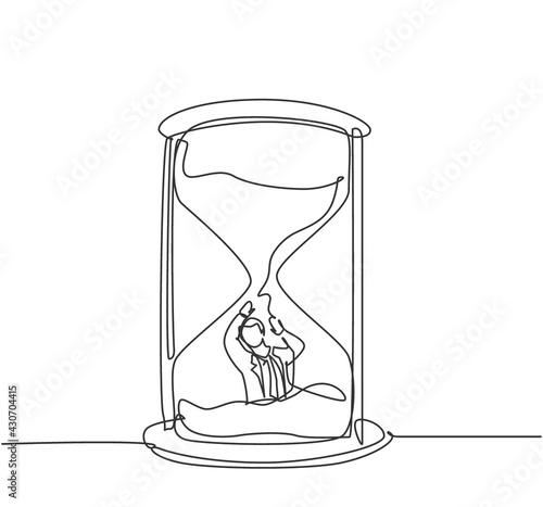 Single continuous line drawing young business man buried inside sandglass and asking for help . Minimalism metaphor business deadline concept. Dynamic one line draw graphic design vector illustration