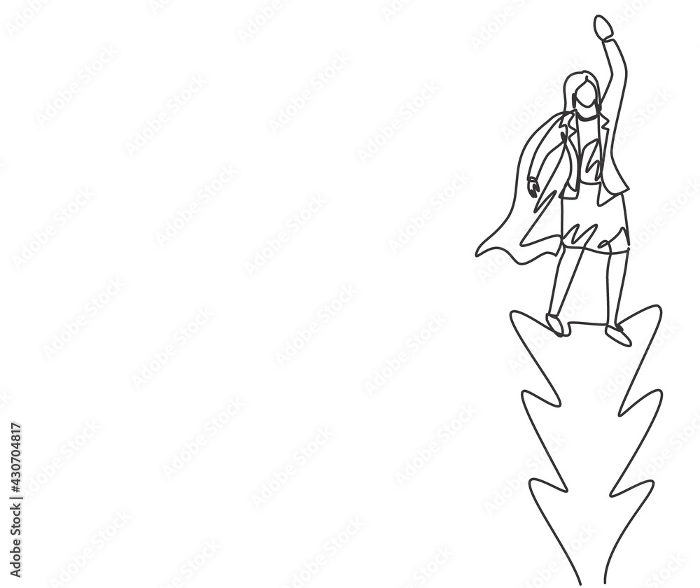 Continuous one line drawing young woman worker flying high into the sky to reach big goals. Big vision of business target minimalist concept. Single line draw design vector graphic illustration.