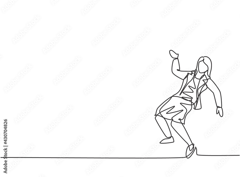 Single continuous line drawing young business woman dancing on the street. Happy worker celebrate her achievement. Minimalism metaphor concept. Dynamic one line draw graphic design vector illustration