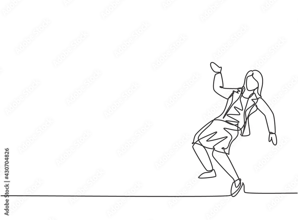 Single continuous line drawing young business woman dancing on the street. Happy worker celebrate her achievement. Minimalism metaphor concept. Dynamic one line draw graphic design vector illustration Single continuous line drawing young business woman dancing on the street. Happy worker celebrate her achievement. Minimalism metaphor concept. Dynamic one line draw graphic design vector illustration