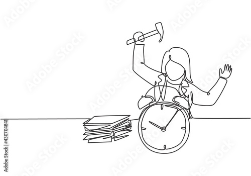 Continuous one line drawing stressful business woman hit the alarm clock with hammer. Minimalism metaphor business deadline concept. Single line draw design vector graphic illustration.