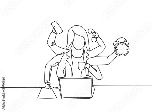Single one line drawing of young business woman with holding telephone, alarm clock, paper. Business time discipline metaphor concept. Modern continuous line draw design graphic vector illustration.