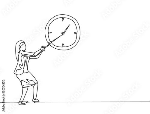 Continuous one line drawing young woman worker pulling clockwise of big analog wall clock with rope. Time management business minimalist concept. Single line draw design vector graphic illustration.