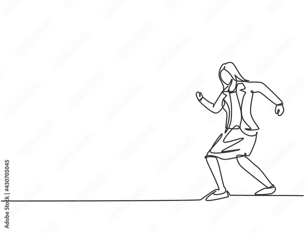 Single continuous line drawing young business woman walking on the ...