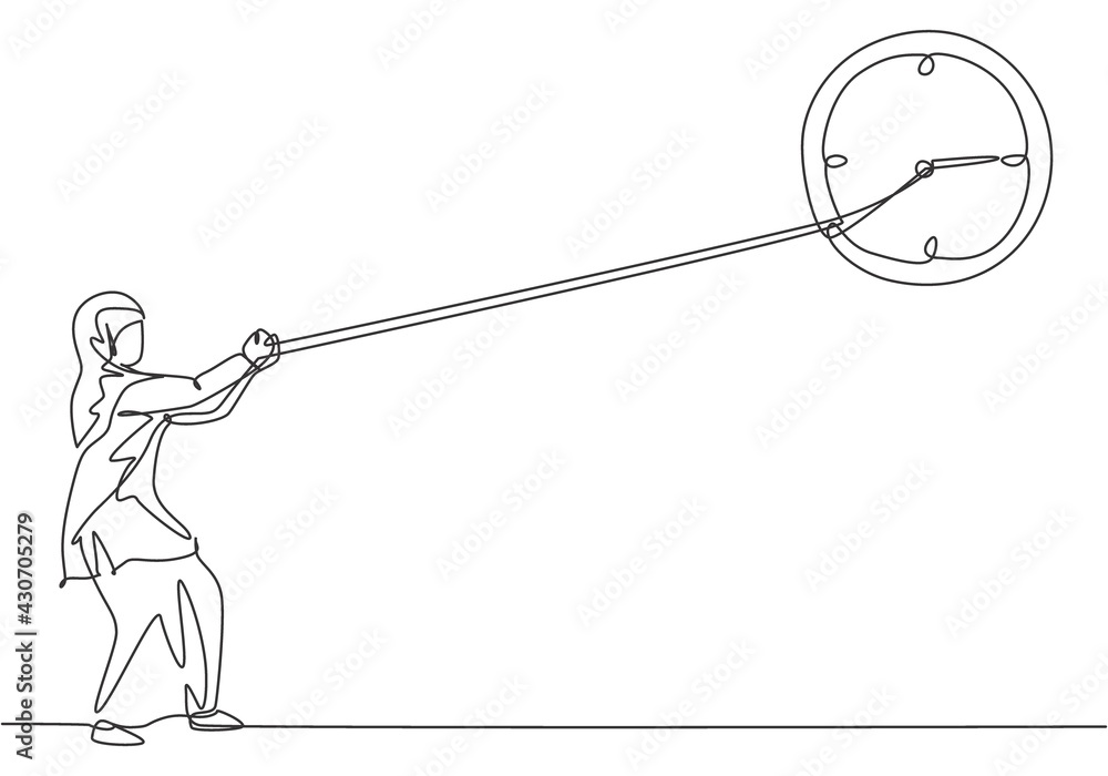 Continuous one line drawing young Arab female worker pulling clockwise ...