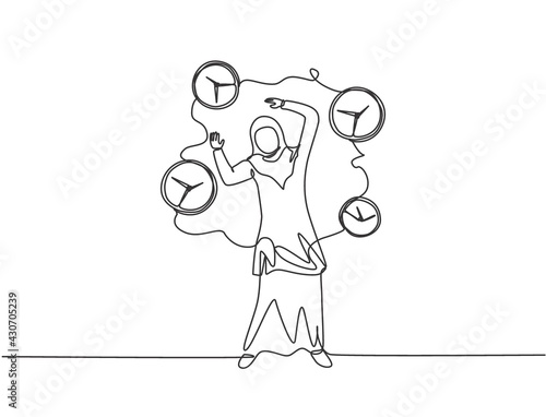 Single one line drawing of stressful young Arabian business woman surrounded by flying analog clocks. Minimalism metaphor business concept. Continuous line draw design graphic vector illustration.