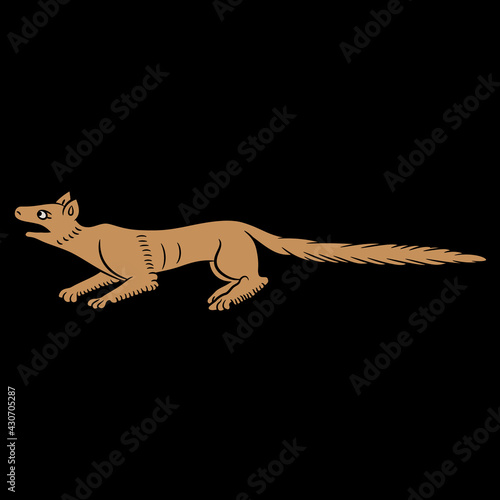 Illustration of a funny animal. Fox or squirrel. Medieval illuminated manuscript motif. On black background.