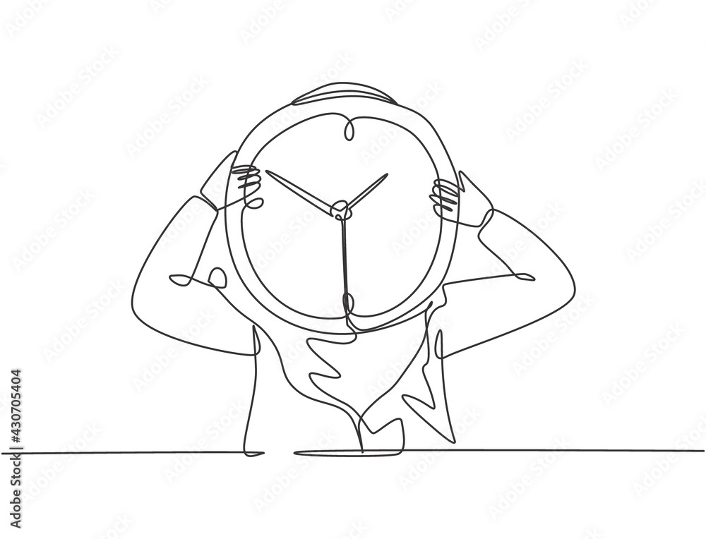 Fototapeta premium Single one line drawing of young Arabian business woman holding giant analog clock in front her head. Business time discipline metaphor concept. Continuous line draw design graphic vector illustration