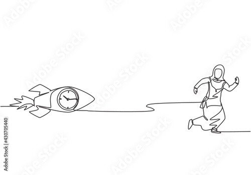 Single continuous line drawing young Arab business woman chased by flying rocket with analog clock inside. Rush hour management minimalist concept. One line draw graphic design vector illustration.