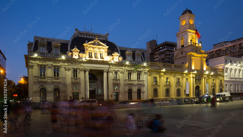 Evening view of Armory Square (Plaza de Armas) in center of capital of Chile. Santiago, Chile