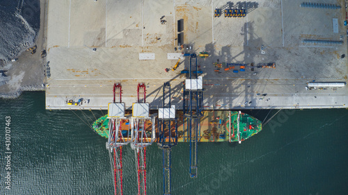 Stockholm Norvik Port, Sweden, 2020-03-18: Aerial view of installing new cranes, shipped from China to Sweden. High quality photo