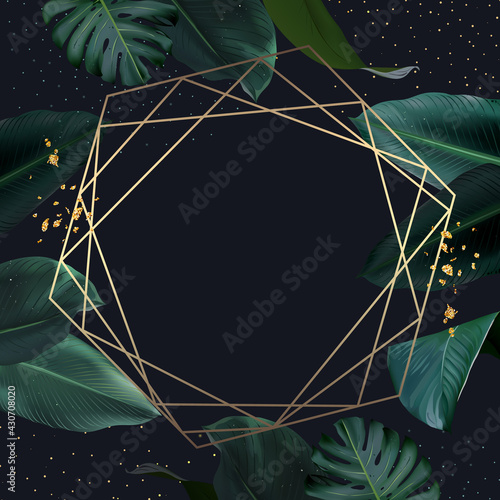 Tropical elegant frame arranged from exotic emerald leaves. Design vector.