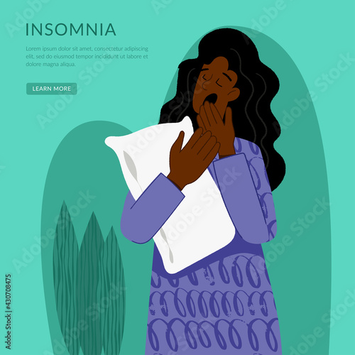 Insomnia. A black woman cannot sleep. Female character suffers from insomnia. Sleep disorder, sleeplessness concept.