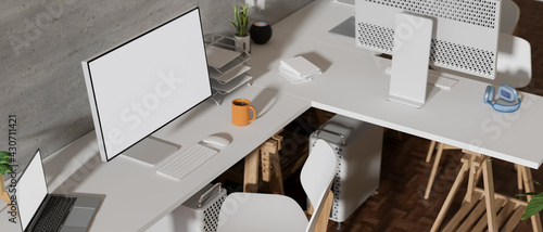 Top view of comfortable office desk with computer, laptop and office supplies on white table, 3D rendering