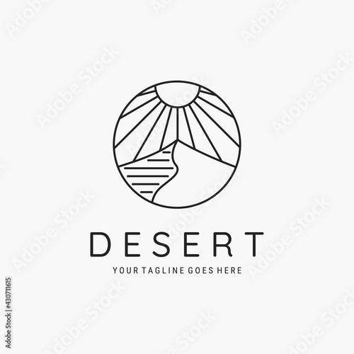 Desert with sunburst line art minimalist icon symbol badge logo vector illustration design. simple desert logo concept