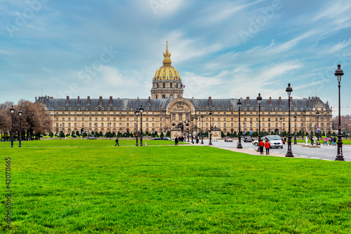 Paris, France - Dec 2017: Gardens, palace and dome forming the Esplanade des Invalides in Paris. Known as the “City of Light”, is one of the most awesome world’s cultural center. Northern France.