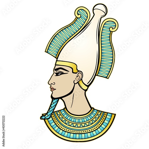 Animation portrait Egyptian man n the crown. God Osiris. Profile view. Vector illustration isolated on a white background. Print, poster, t-shirt, tattoo.