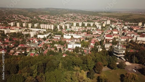 Cinematic aerial drone dolly footage of the Avas TV Tower in Miskolc, fourth largest city and a major industrial hub, Northern regional center of Hungary, capital of Borsod-Abaúj-Zemplén county photo