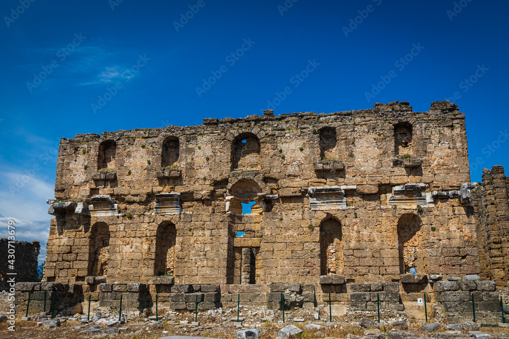 Roman ruins at Greco-Roman city in Antalya province of Turkey. Ancient city of Pamphylia.
