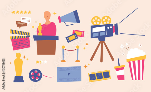 Movie equipment and film festival. flat design style minimal vector illustration.
