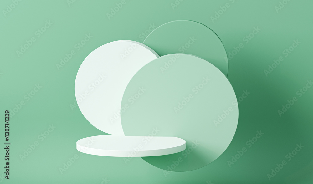 Minimal scene with podium and abstract background. Pastel blue and white colors scene. Trendy 3d render for social media banners, promotion, cosmetic product show. Geometric shapes interior.
