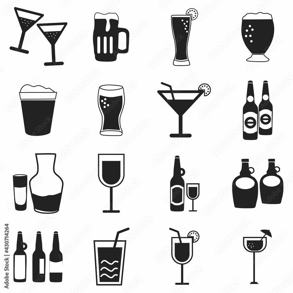 set of drinks icons, water, soft drink, alcohol, juice, glass, milk shake set of drinks icons, water, soft drink, alcohol, juice, glass, milk shake