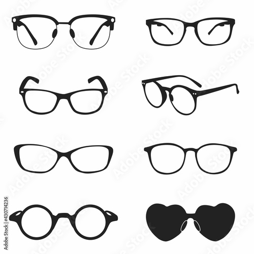 Glasses, glasses without glass, black eyeglass frame isolated on a white background. Vector, cartoon illustration. Vector.
