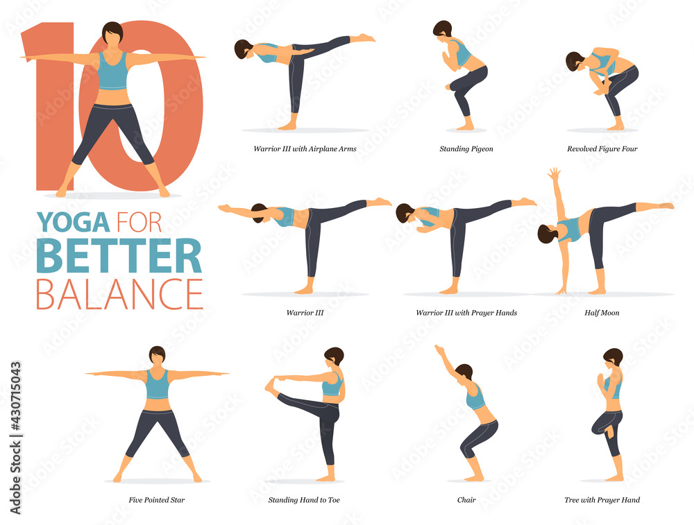 10 Yoga poses or asana posture for workout in Better Balance concept. Women  exercising for body stretching. Fitness infographic. Flat cartoon vector  Stock Vector