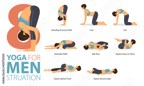 8 Yoga poses or asana posture for workout in Menstruation concept. Women exercising for body stretching. Fitness infographic. Flat cartoon vector