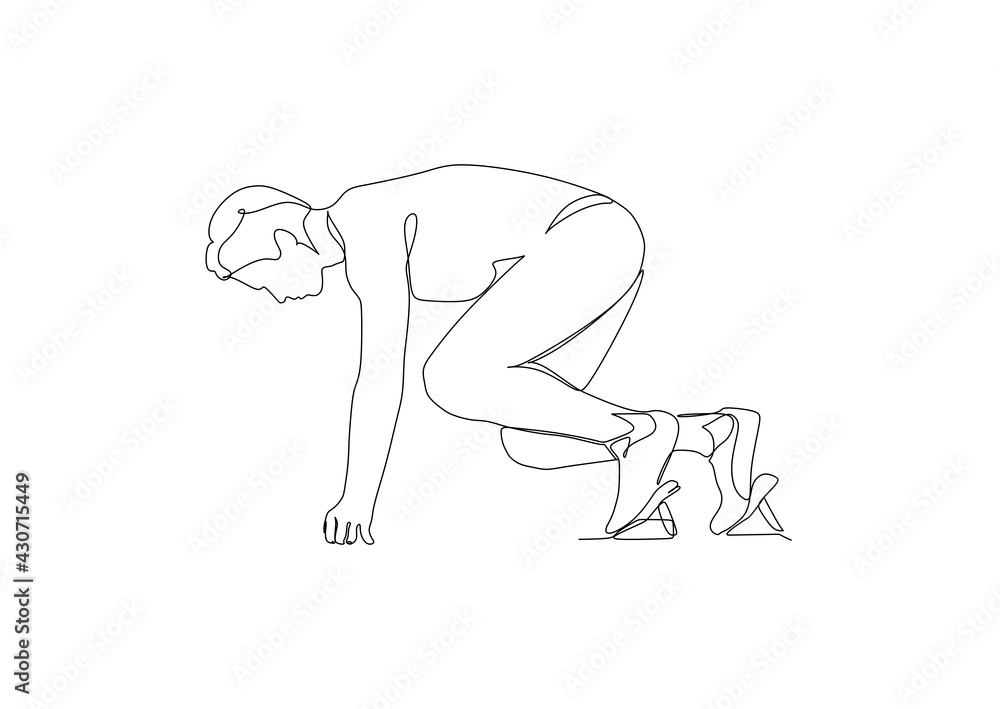 Fototapeta premium Young male running athlete on low start postion - continuous one line drawing