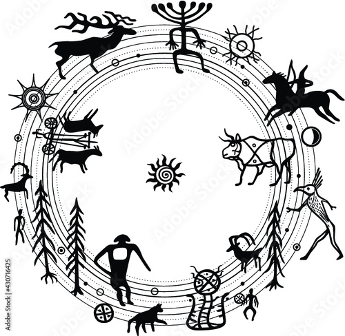 Symbolical primitive Universe, peace arrangement. Set of petroglyphs,Nature circle, mystical symbols space, people, animals, gods. Ancient rock paintings. Vector illustration isolated on a white 