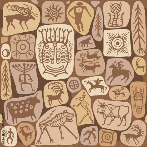 Seamless pattern - Animation image of ancient rock paintings. Drawing on a stone. Set of petroglyphs,mystical symbols, animals, people and gods.Vector illustration. 