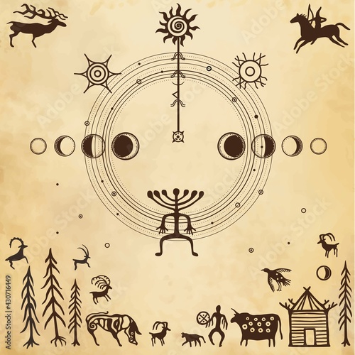Symbolical primitive Universe, peace arrangement. Ancient rock paintings.Set of petroglyphs, Nature circle, phases of the moon, people, animals, gods. Background - imitation of old paper. 