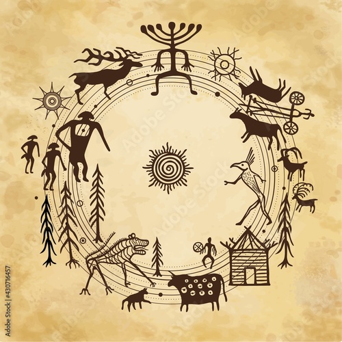 Symbolical primitive Universe, peace arrangement. Set of petroglyphs,Nature circle, mystical symbols space, people, animals, gods. Ancient rock paintings.Background - imitation of old paper. 