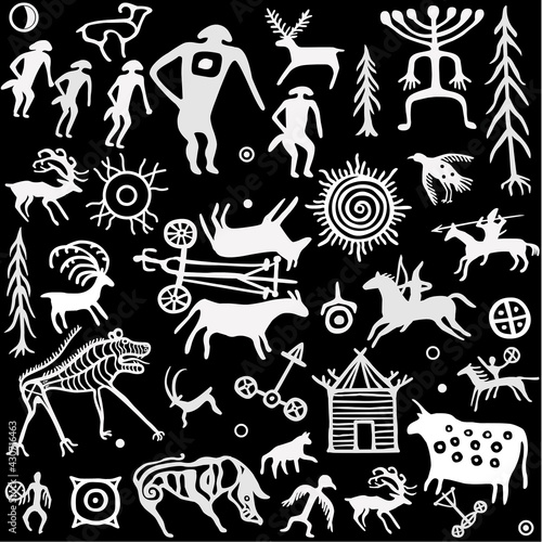 Seamless pattern. Animation image of ancient rock paintings. Drawing on a stone. Set of petroglyphs,mystical symbols, animals, people and gods.Vector illustration. Gold illustration isolated on a blac
