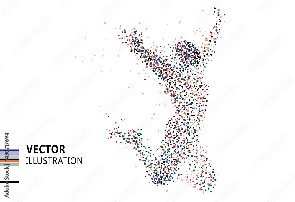 Colored polka dots composed of jumping people, vector illustration. - obrazy, fototapety, plakaty 