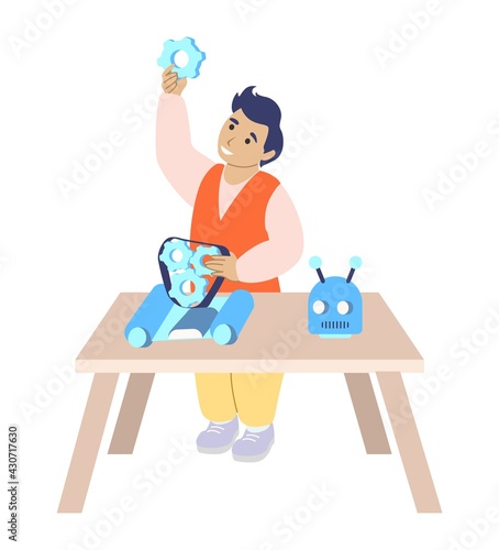 Robotics school for children. Smart boy student making robot, flat vector illustration. Kids robotics engineering